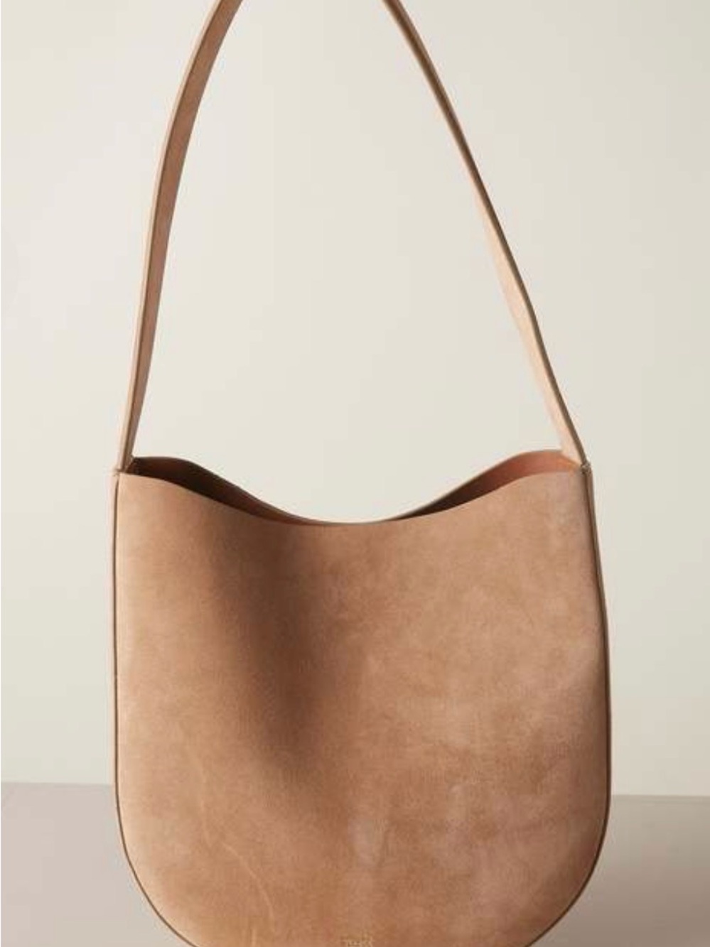 Closed Tan Suede Half Round Shoulder Hobo Tote Bag